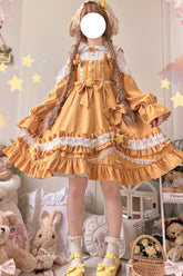 Robe Sweet Lolita à manches longues multicolores avec volants, broderie et nœud papillon - 3 couleurs
